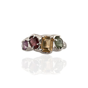 Multi gemstone statement ring in rhodium plated 925 sterling silver featuring citrine, green amethyst, tourmaline and amethyst. Tarnish-resistant artisan ring for everyday wear. Available in US size 8 (UK Q) with resizing options.