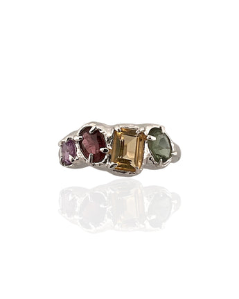 Multi gemstone statement ring in rhodium plated 925 sterling silver featuring citrine, green amethyst, tourmaline and amethyst. Tarnish-resistant artisan ring for everyday wear. Available in US size 8 (UK Q) with resizing options.
