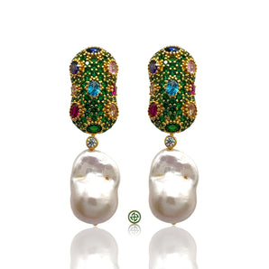 Baroque Pearl Emerald Green Pavé Drop Earrings
