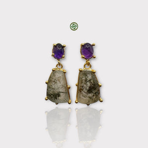 A pair of gold vermeil earrings featuring amethyst and rutile quartz stones.