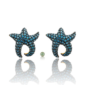 Starfish-shaped earrings with blue gemstones on a white background