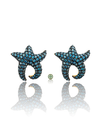 Starfish-shaped earrings with blue gemstones on a white background
