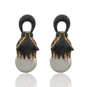 Natural Baroque Pearl Black Pavé Wild Cat Earrings