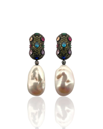 Pair of baroque pearl drop earrings with peridot green pavé tops and multicolour gemstone accents