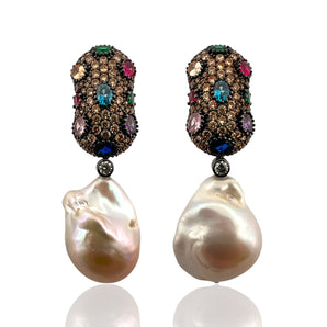 Pair of champagne pavé earrings with multicolour gemstone accents and iridescent baroque pearl drops