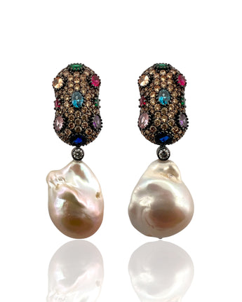 Pair of champagne pavé earrings with multicolour gemstone accents and iridescent baroque pearl drops