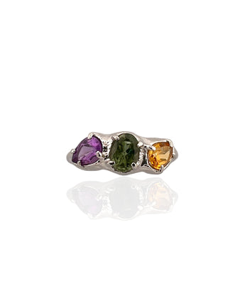 Trio gemstone ring in rhodium plated 925 sterling silver featuring citrine, green tourmaline and amethyst. Elegant and colourful ring for everyday wear. Available in US size 6.5 (UK M) with resizing options.