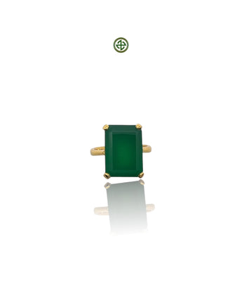 An emerald-cut green agate ring with a gold vermeil band on a white background.