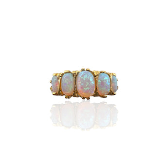 Front view of the Art Deco inspired ring with five oval Ethiopian Opalit stones