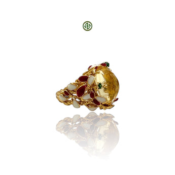 An image of a genuine citrine oval ring with gold vermeil plating on a white background.