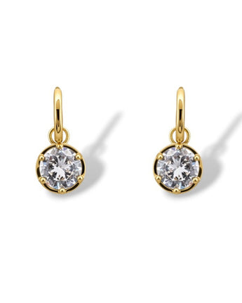 Pair of gold-tone hoop earrings with round clear zirconia drops, shown from the front on a white background.