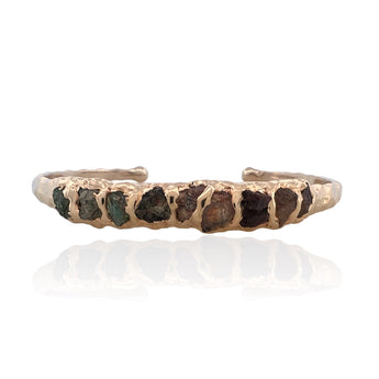 gold vermeil bracelet with rough cut emerald peridot citrine tourmaline stones hammered texture adjustable cuff