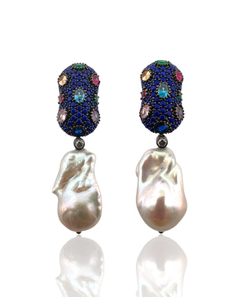 Pair of earrings with deep blue lapis lazuli pavé tops, multicolour gemstone accents and baroque pearl drops