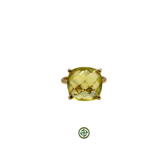 A Lemon Quartz ring with a gold band and yellow plating, featuring a faceted square-shaped stone.