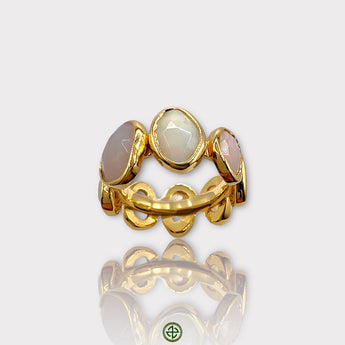An Opal Eternity Ring with a gold vermeil band and multiple opal stones set within.