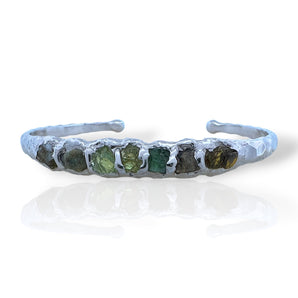 925 sterling silver bracelet with rough cut emerald peridot and tourmaline stones hammered texture adjustable fit