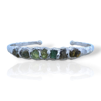 925 sterling silver bracelet with rough cut emerald peridot and tourmaline stones hammered texture adjustable fit