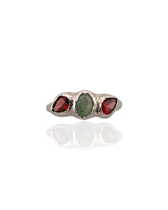 Trio tourmaline ring in rhodium plated 925 sterling silver featuring red and green tourmaline gemstones. Elegant and colourful ring for everyday wear. Available in US size 8 (UK Q) with resizing options.