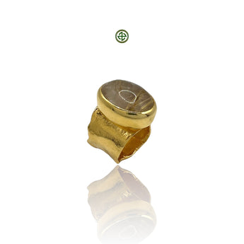 A rutilated gold quartz ring with a gold vermeil finish on a white background.