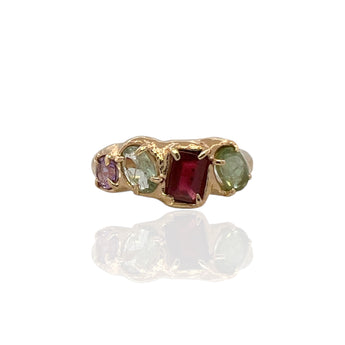 Shop this 14K gold vermeil multi gemstone ring with amethyst, green tourmaline and garnet. Tarnish-resistant, stackable, and perfect for everyday wear.