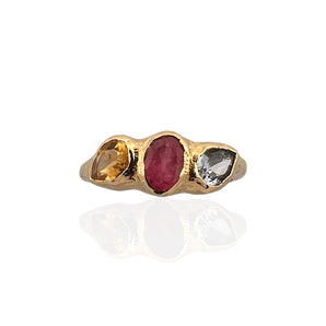 Trio gemstone ring in 18K gold vermeil on 925 sterling silver featuring Swiss blue topaz, pink tourmaline and citrine. Elegant and colourful ring for everyday wear. Available in US size 8 (UK Q) with resizing options.