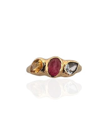 Trio gemstone ring in 18K gold vermeil on 925 sterling silver featuring Swiss blue topaz, pink tourmaline and citrine. Elegant and colourful ring for everyday wear. Available in US size 8 (UK Q) with resizing options.