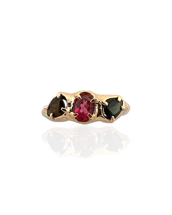 Trio tourmaline ring in 18K gold vermeil on 925 sterling silver featuring deep green, yellow and pink tourmaline gemstones. Elegant statement ring for everyday wear. Available in US size 8 (UK Q) with resizing options.