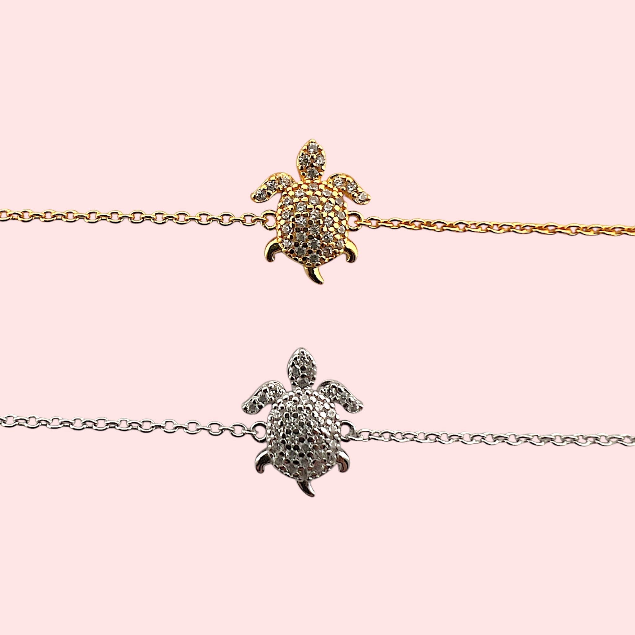 Elegant 18K gold vermeil or 925 sterling silver turtle bracelet with adjustable 17cm + 3.5cm extension. Minimalist pavé charm design, perfect for everyday wear or gifting.