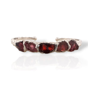 925 sterling silver bracelet with rough cut garnet stones hammered texture adjustable cuff