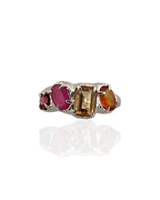 Multi gemstone statement ring in rhodium plated 925 sterling silver featuring citrine, orange tourmaline, ruby and garnet. Tarnish-resistant artisan ring for everyday wear. Available in US size 7 (UK N) with resizing options.