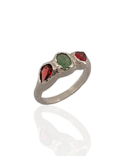 Trio tourmaline ring in rhodium plated 925 sterling silver featuring red and green tourmaline gemstones. Elegant and colourful ring for everyday wear. Available in US size 8 (UK Q) with resizing options.