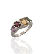 Multi gemstone statement ring in rhodium plated 925 sterling silver featuring citrine, green amethyst, tourmaline and amethyst. Tarnish-resistant artisan ring for everyday wear. Available in US size 8 (UK Q) with resizing options.