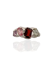 Multi gemstone statement ring in rhodium plated 925 sterling silver featuring garnet, pink tourmaline, green amethyst and amethyst. Tarnish-resistant artisan ring for everyday wear. Available in US size 7.5 (UK P) with resizing options.