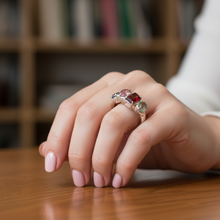 Multi gemstone statement ring in rhodium plated 925 sterling silver featuring garnet, pink tourmaline, green amethyst and amethyst. Tarnish-resistant artisan ring for everyday wear. Available in US size 7.5 (UK P) with resizing options.