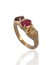 Trio gemstone ring in 18K gold vermeil on 925 sterling silver featuring citrine, ruby and amethyst. Elegant and colourful ring for everyday wear. Available in US size 7.5 (UK P) with resizing options.