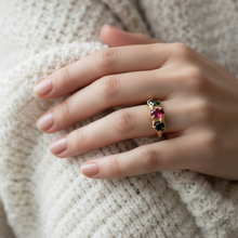 Trio tourmaline ring in 18K gold vermeil on 925 sterling silver featuring deep green, yellow and pink tourmaline gemstones. Elegant statement ring for everyday wear. Available in US size 8 (UK Q) with resizing options.