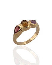 Trio gemstone ring in 18K gold vermeil on 925 sterling silver featuring citrine, garnet and amethyst. Elegant and colourful ring for everyday wear. Available in US size 7.5 (UK P) with resizing options.