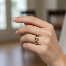 Trio gemstone ring in 18K gold vermeil on 925 sterling silver featuring citrine, garnet and amethyst. Elegant and colourful ring for everyday wear. Available in US size 7.5 (UK P) with resizing options.