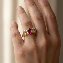 Trio gemstone ring in 18K gold vermeil on 925 sterling silver featuring Swiss blue topaz, pink tourmaline and citrine. Elegant and colourful ring for everyday wear. Available in US size 8 (UK Q) with resizing options.