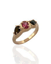 Trio tourmaline ring in 18K gold vermeil on 925 sterling silver featuring deep green, yellow and pink tourmaline gemstones. Elegant statement ring for everyday wear. Available in US size 8 (UK Q) with resizing options.