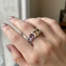 Multi gemstone statement ring in rhodium plated 925 sterling silver featuring citrine, green amethyst, tourmaline and amethyst. Tarnish-resistant artisan ring for everyday wear. Available in US size 8 (UK Q) with resizing options.