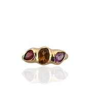 Trio gemstone ring in 18K gold vermeil on 925 sterling silver featuring citrine, garnet and amethyst. Elegant and colourful ring for everyday wear. Available in US size 7.5 (UK P) with resizing options.