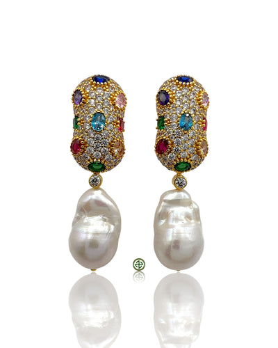 Multicolor Gemstone Baroque Pearl Earrings with White Pavé Stones
