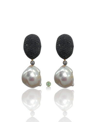 Black Pavé & Baroque Pearl Drop Earrings in Gold Vermeil