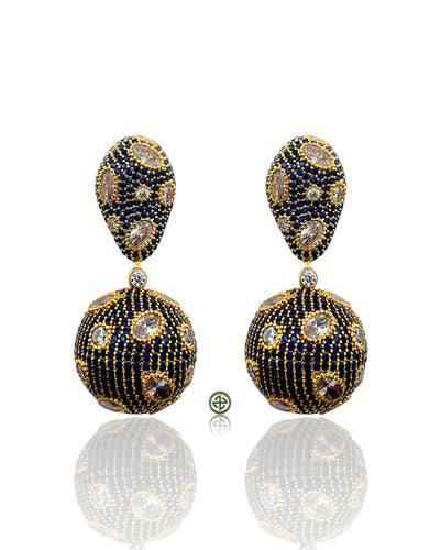 Gold Vermeil Ball Earrings with Sapphire Blue Pavé and Clear White Stones