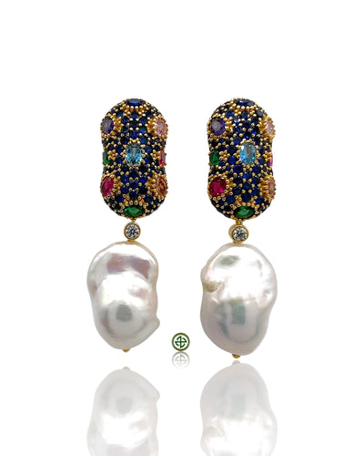 Sapphire Blue Pavé Baroque Pearl Earrings – Luxury Gemstone Drop Earrings