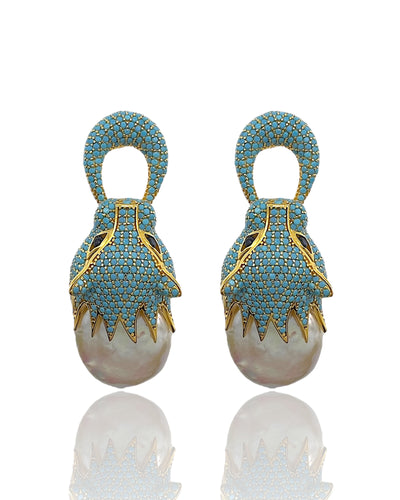 Natural Baroque Pearl Turquoise Pavé Wild Cat Earrings