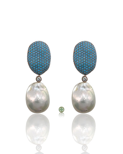Turquoise Pavé & Baroque Pearl Drop Earrings in Rose Gold Plating