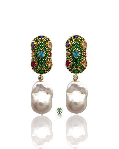 Emerald Green Pavé Baroque Pearl Earrings – Luxury Drop Earrings