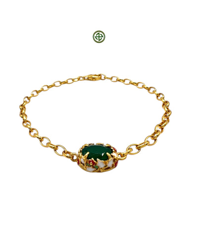 Green Onyx Charm Bracelet – White & Red Enamel on Gold Vermeil